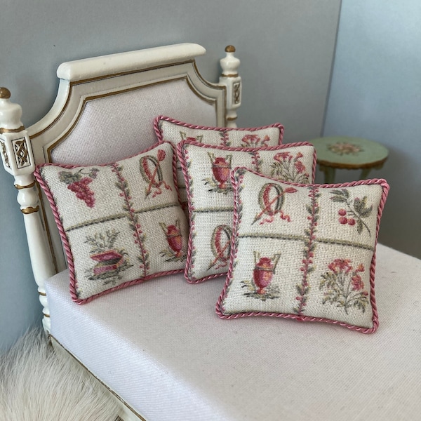 Dollhouse miniature french tile print cream, sage and soft red cushions