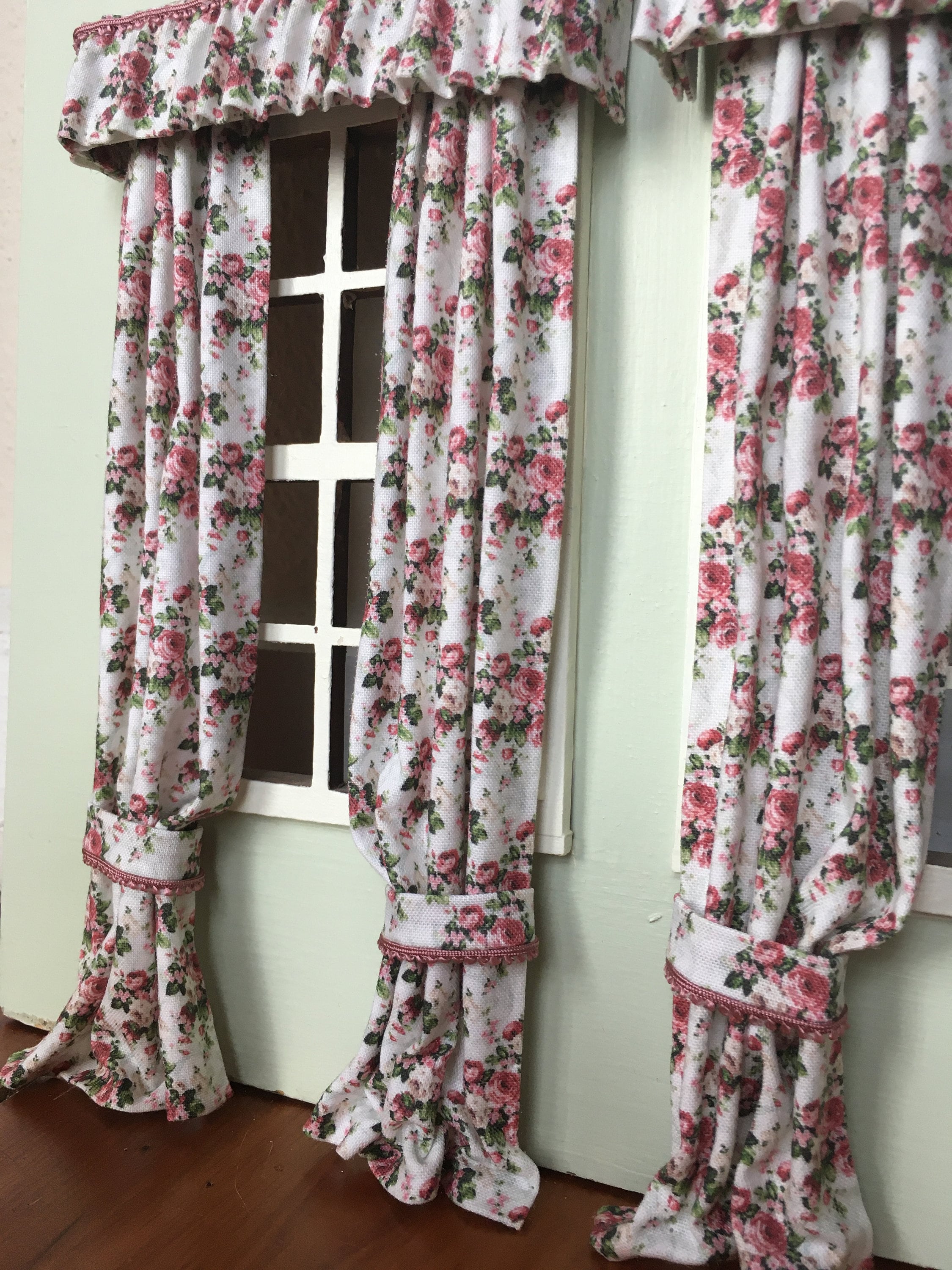 Pink roses curtains with valance. 2 available Etsy