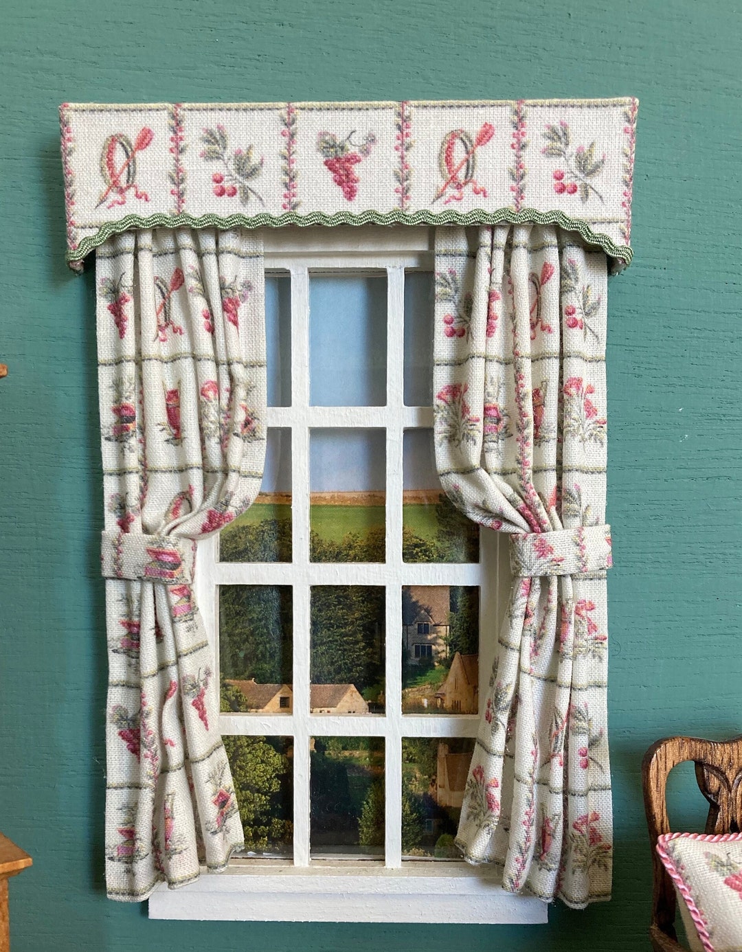 Dollhouse Miniature Silllength Kitchen Curtains With French Tile Motif Sage Green, Red, Pink