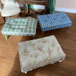 NEW - Dollhouse miniature tufted ottomans, rectangular, gray and pink floral, blue striped, green gingham plaid