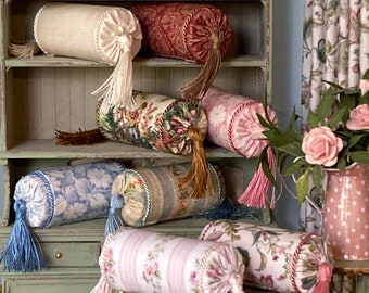 NEW - Dollhouse miniature floral, damask print, toile de jouy printed and plain silk bolster pillows with hand-tied tassels
