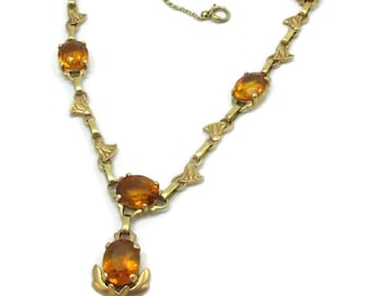 14K Gold Necklace Citrine Stones Pendant Egyptian Revival 16 Inches Long November Birthstone Estate Find Designer Costume Jewelry Gift Ideas