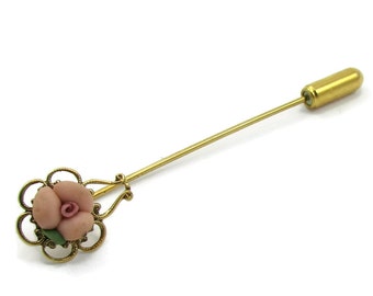 Pink Rose Scroll Gold Hat Stick Pin Gold Tone Brooch Simple Pin Designer Signed Vintage Estate Jewelry Gift Ideas Shawl Scarf Pin 1980s