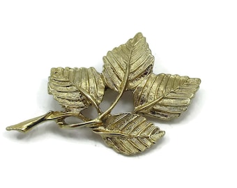 DFA Gold Tone Pin Leaf Brooch 1960s Brushed Textured Designer Runway Estate Costume Vintage Signed