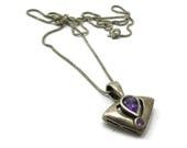 Sterling Silver 925 Faux Amethyst Necklace Pendant Sterling Box Chain 20 Inches Long Signed 925 Deco Vintage Jewelry Gift Ideas Valentine