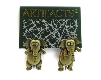 JJ Jonette bronce elefante 3D pendientes perforados cuerpo oscuro africano Vintage joyería NOS firmado acabado regalo ideas animales rellenos