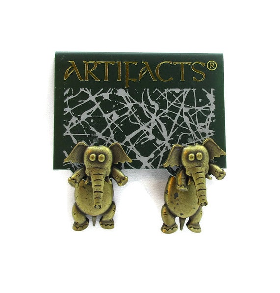 JJ Jonette Bronze Elephant 3D Earrings Pierced Dangling Body Dark African  Vintage Jewelry NOS Signed Finish Gift Ideas Stuffed Animals