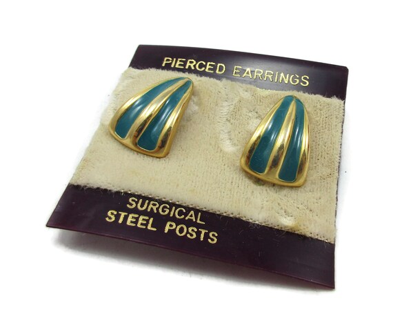 Teal Green Gold Enamel Gold Tone Post Earrings NOS Modernist Vintage Estate  Jewelry Statement Chunky Costume Earrings Gift Ideas