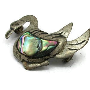 JAE Taxco 925 Mexico Sterling Silver Swan Goose Bird Brooch Pin with Abalone Shell Inlay Mexican Vintage Jewelry, Eagle 3 Stamp Animal