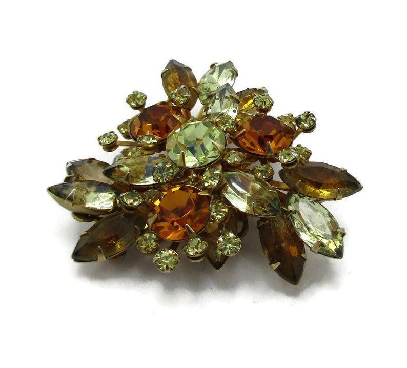 Orange Yellow Gold Tone Rhinestone Pin Brooch Filigree Open Work Brushed Textured Designer Runway Estate Costume Vintage