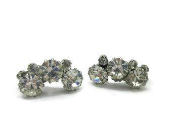Silver Clip Earrings Clear Rhinestone Tear Ear Hugger  Clear Diamond Rhinestones-Vintage Jewelry-Bridal Bridesmaid