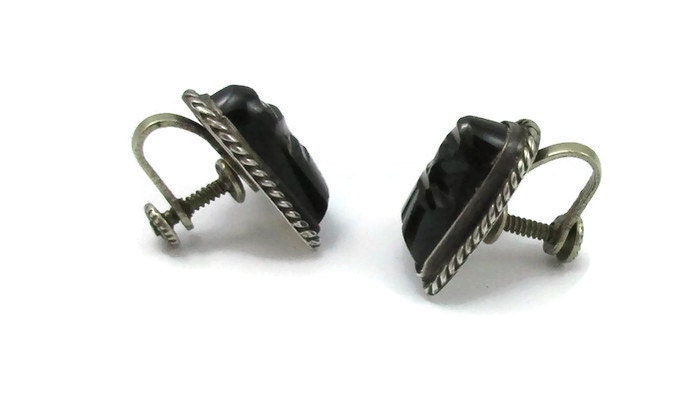 Sterling JE 925 Silver Black Onyx Carved Face Earrings
