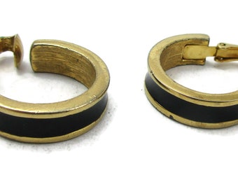 Crown Trifari  Black Enamel Earrings Gold Tone Clip On Modernist Vintage Costume Jewelry Designer Signed Hoop Summer Winter Classic Clip Ons