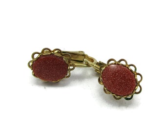 GoldStone BrownStone Clip Earrings  Gold Tone  Clip On Jewelry Sparkles Bead 1950s Designer Signed Costume Jewelry