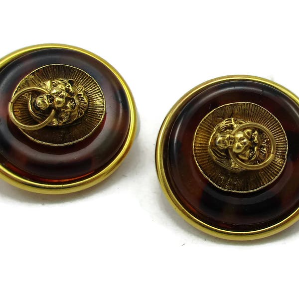 Brown Faux Tortoise Shell  Gold Tone Lion Door Knocker Lions Head Clip On Earrings Statement Chunky Earrings Vintage Estate Runway Costume