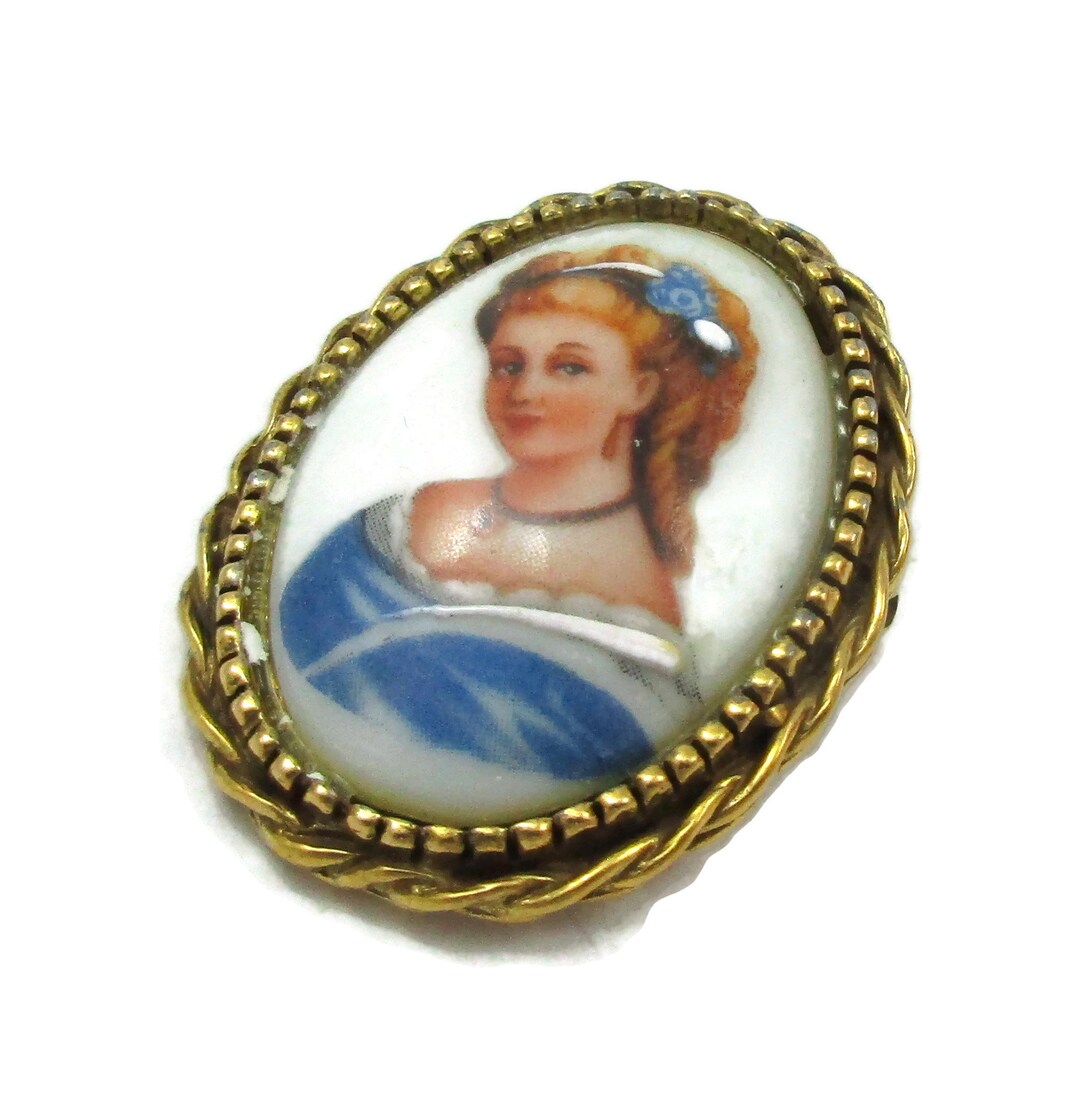 Limoge Brooch Porcelain Pin Gold Made in France Victorian Lady Designer