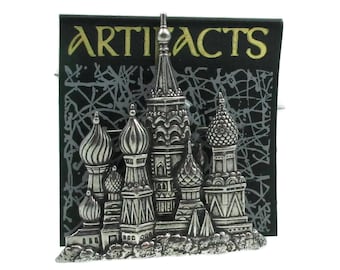 JJ Jonette Silver Tone Pin Brooch Red Square Moscow Russia St Basils Cathedral Vintage Jewelry Signed Finish Gift Idea Scarf Shawl