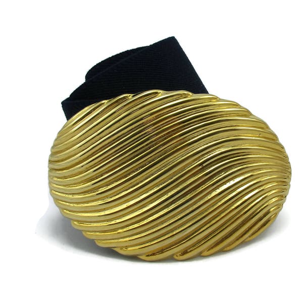 DAY-LOR Gold Belt Buckle Navy Blue Stretch Belt Vintage Signed Belt Buckles 1980s Designer Signed Womens Mod Modernist  Haute Couture