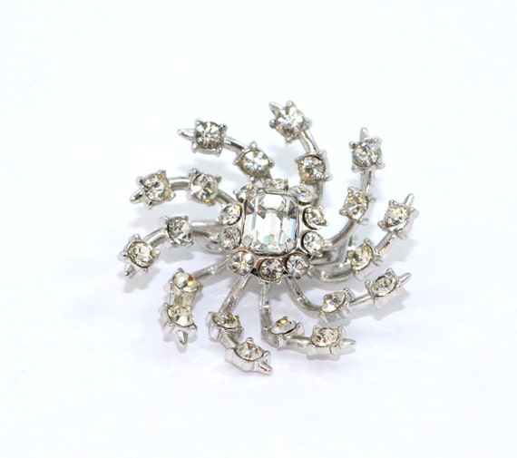 Coro Clear Rhinestone Brooch Starburst Pin Prong Set Silver Tone