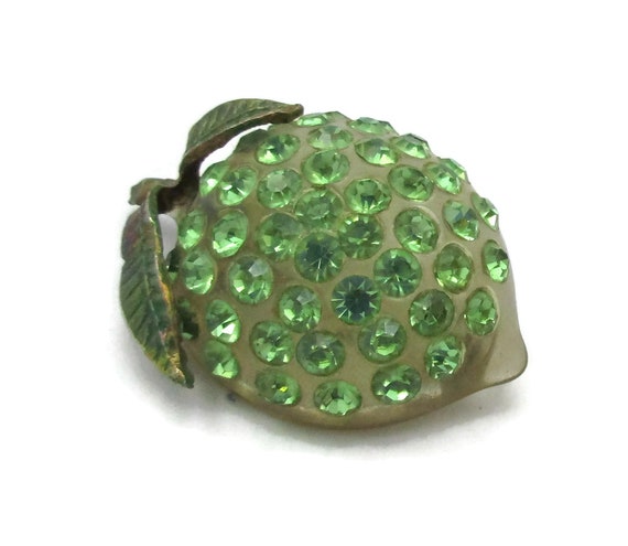 Lucite Fruit Pin Green Rhinestone Fruit Brooch App
