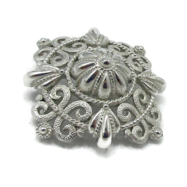 Crown Trifari Silver Brooch Pin Silver Filigree Open Work Brooch 1950s Brushed Textured Designer Runway Estate Runway Classic Shawl Scarf