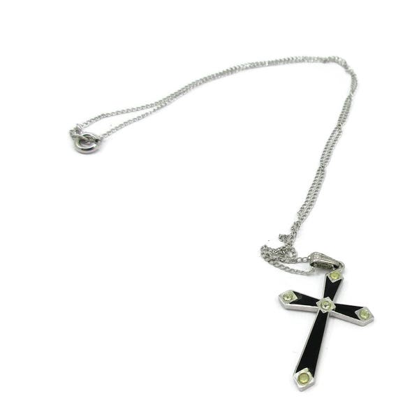 Catamore 925 Sterling Silver Cross Pendant Black Inlay Crucifix Necklace Blue Green Cabochon Cross Choker 15 Inches ay Bridal Victorian