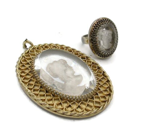 Whiting and Davis Gold Tone Intaglio Lady Victorian Pendant and