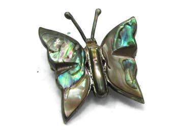 Taxco 925 Silver Mexico ECC Brooch Pin Shell Abalone Inlay Butterfly Mexican Vintage Jewelry Designer Signed Ethnic Necklace Brooch