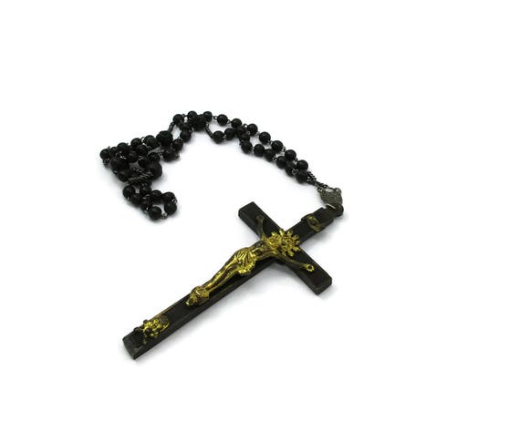 Large Antique Brown Black Beads Beads Rosary Cruc… - image 1