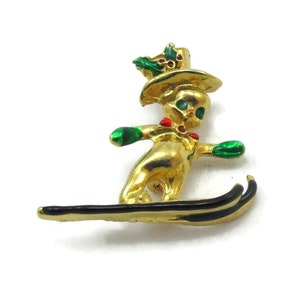 Gold Tone Leprechaun Brooch Pin Skis Christmas Hat Elf Figural Vintage Estate Costume Jewelry Vintage Estate Gift Ideas