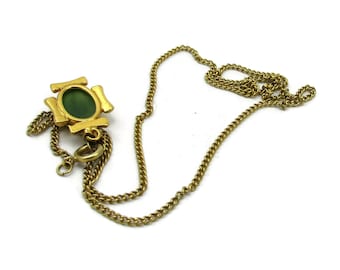 Gold Tone Necklace Faux Green Jade Stone Pendant Chain 18 Inches Long Vintage Designer Signed Costume Jewelry Pendant