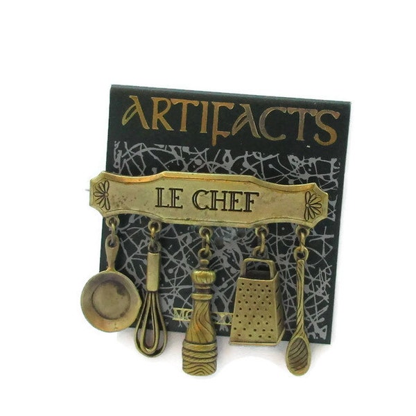 JJ  Bronze LE Chef Metal Brooch Pin Dangling Charms Jonette Animal Jewelry Designer Signed Vintage Costume Jewelry Scarf Shawl Pin NOS