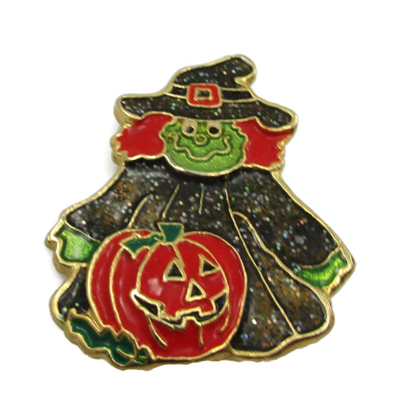 Gold Tone Witch with Pumpkin Brooch Pin Halloween 