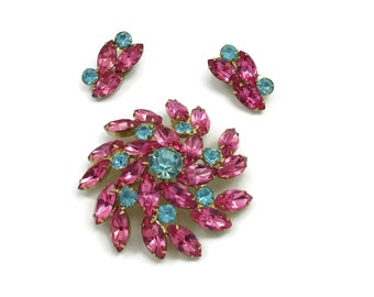 Pink Teal Green Rhinestone Pin Brooch Matching Rhinestone Clip Earrings Bridal Demi Parure Estate Costume Vintage Scarf Shawl Paula