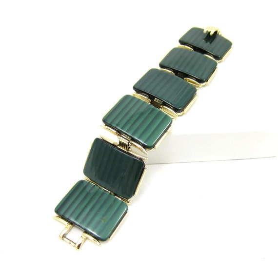 Gold Tone Green Lucite Clasp Link Bracelet Statem… - image 1