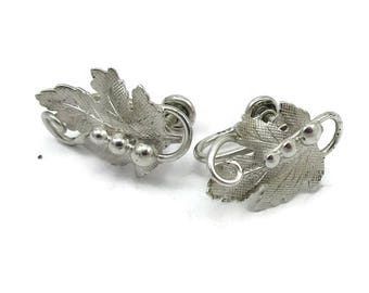 Sterling Screwback Earrings Grapeleaf Design Sterling Silver Earrings Screw back 1950s Dimensional Earrings Signed Vintage Mexico Gift