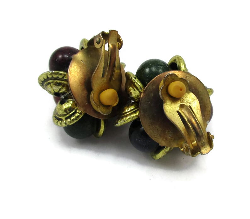 Clip Earrings Green Brown Stone Gold Tone Earrings Clip Ons Vintage Jewelry 1970s Designer Vintage Estate Costume Jewelry image 2