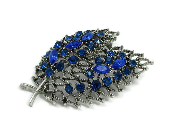 Blue Rhinestone Brooch Silver Tone Floral Spray V… - image 1