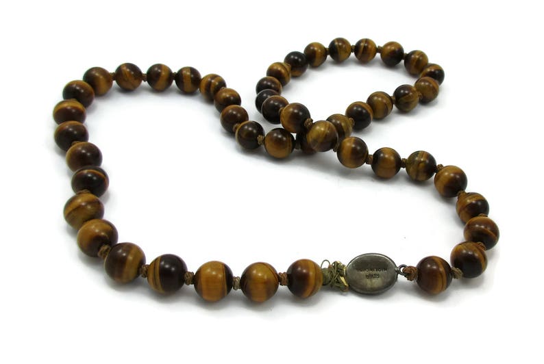 Sterling Tigers Eye Necklace Beads Brown Polished Stone 25 Inches Hippie Gypsy Caramel Color Boho Vintage Costume Jewelry image 3