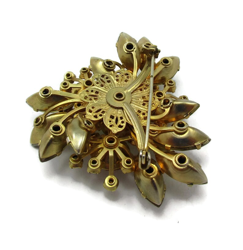 Orange Yellow Gold Tone Rhinestone Pin Brooch Filigree Open Work Brushed Textured Designer Runway Estate Costume Vintage