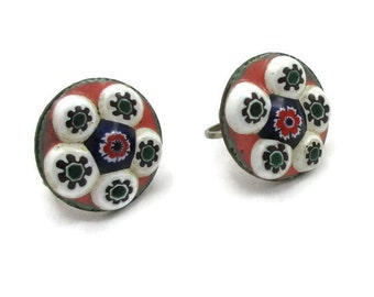 Round Copper White Blue Abstract Enamel Earring Screw Backs Modernist Copper Vintage Costume Estate Jewelry Gift Ideas Metal work