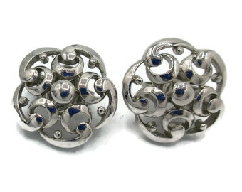 Crown Trifari Silver Clip Earrings Open Work Design 1950s Designer Signed Runway Estate Runway Classic Vintage Costume Jewelry