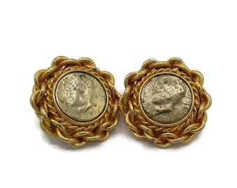 Coin Earrings Gold Tone Post French Earrings Victorian Designer Vintage Costume Jewelry  Gift Idea Revival
