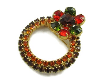 Rhinestone Brooch Pin Orange Green Amber Gold Tone Pin Crystal Prong Set tones High End Vintage Jewelry Designer Statement