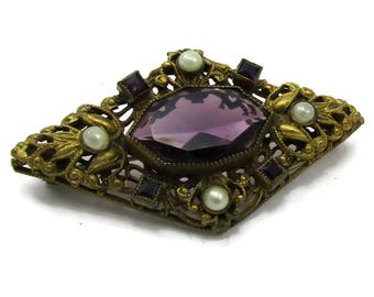 Czech Gold Tone Purple Glass Brooch Filigree Scroll Wire Design Victorian Gold Tone Pin  High End Vintage Jewelry Designer Costume Jewelry