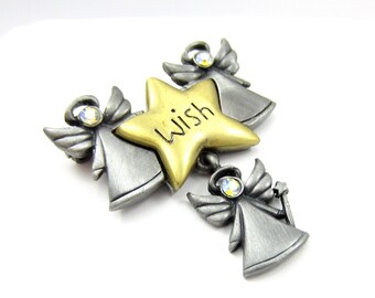 Signiert TC Engel Stern Weihnachten Zinn Gold Ton Pin Wunsch Brosche Vintage Kostüm Schmuck Urlaub Geschenk Ideen Designer signiert Schal Schal Pin