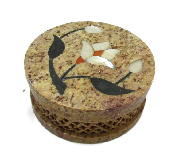 Fetco Soap Box - Soapstone Small Trinket Box Mother of Pearl Inlay Stone Hand Made in India MOP Mothers Day Gift Ideas Vintage