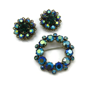 Blue Aurora Borealis Rhinestone Pin Brooch Matching Rhinestone Clip Earrings Aurora Borealis Bridal Demi Parure Estate  Vintage Scarf Shawl