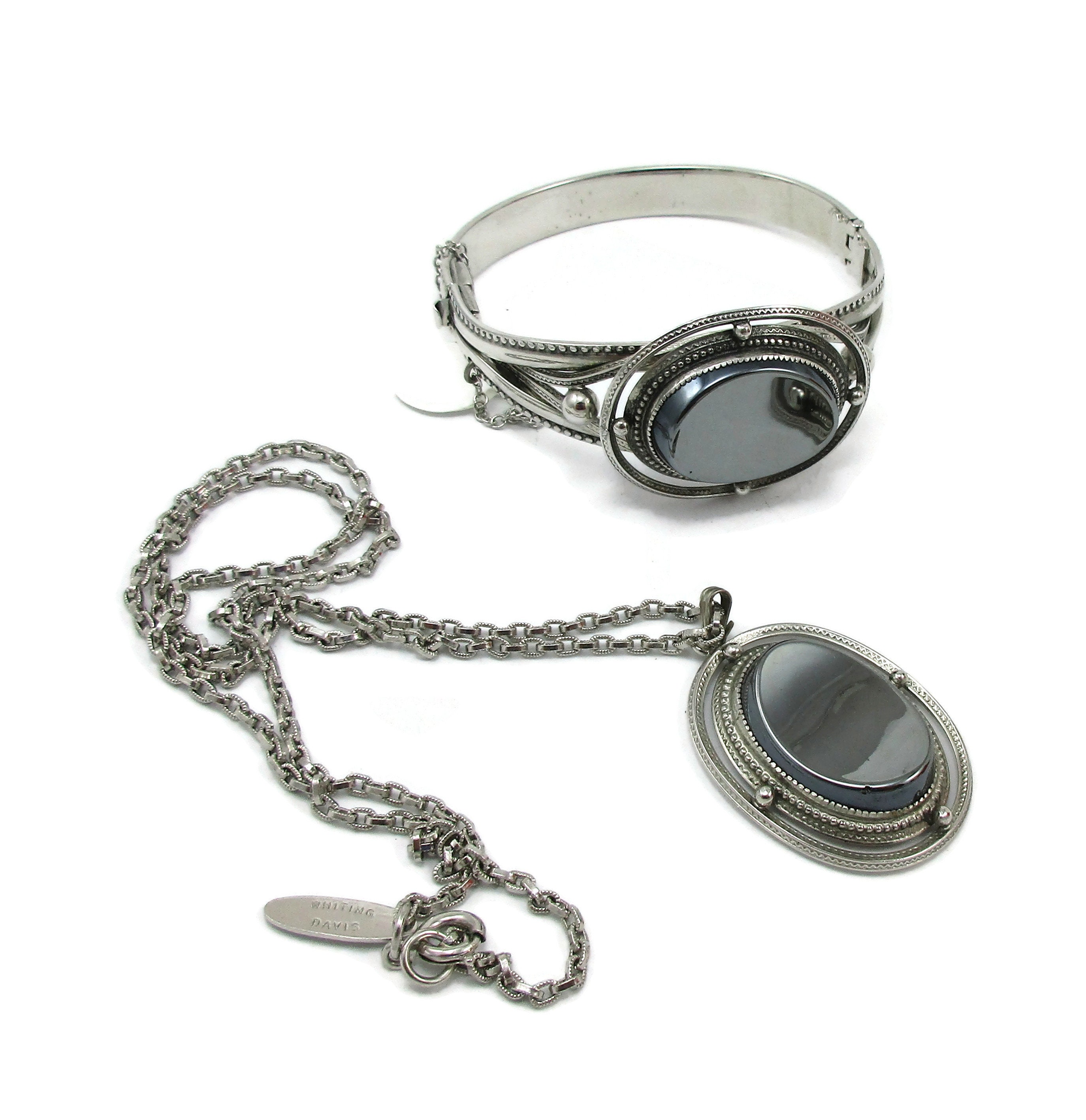 Whiting Davis Silver Tone Necklace Bracelet Set Hematite Stone Art 