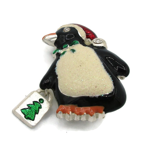 Penguins Shopping Christmas Silver Tone Brooch Pin Brooch Vintage Costume Jewelry Holiday Gift Ideas Designer  Shawl Scarf Pin Clip
